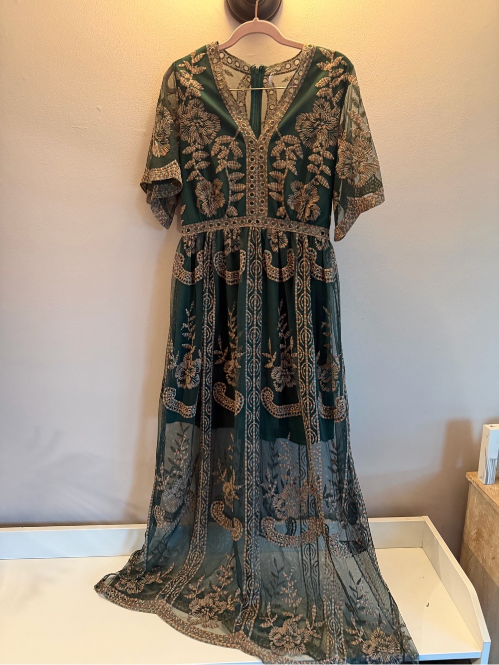 Idyllwind Forest Green Sheer Embroidered Mesh Floral Maxi Dress M